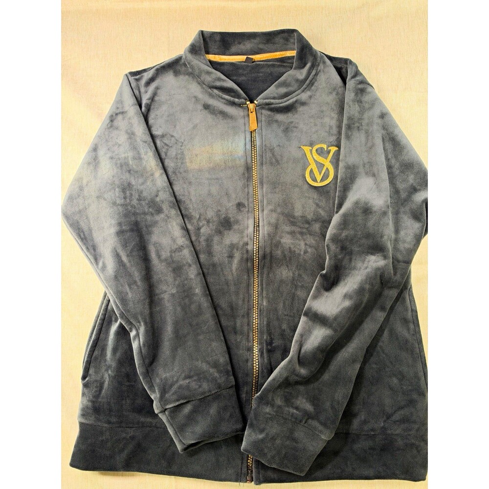 Victoria's Secret Velour Zip Jacket Womens XL Dark Charcoal Green Gold VS Logo